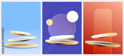Vector illustration. 3D cylindrical podium stage in motion for product promotion. Empty template for poster, advert, marketing. Set of dynamic design elements of different scenes. Golden luxury style