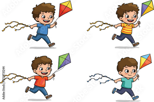 Cartoon boys running with colorful kites, happy children outdoor activity, playful kids flying kites, childhood fun, cute cartoon character illustration