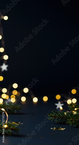 Christmas decorations with fairy lights and pine branches on dark background  