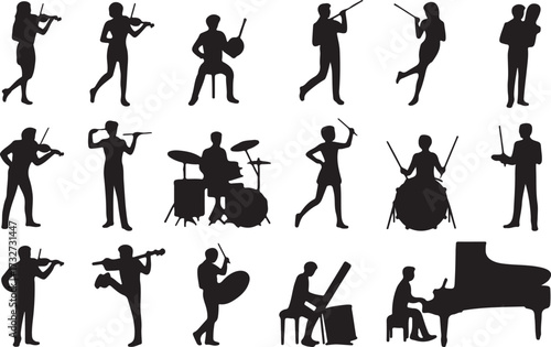 Playing violin, Playing drums, Playing piano silhouette vector on white background