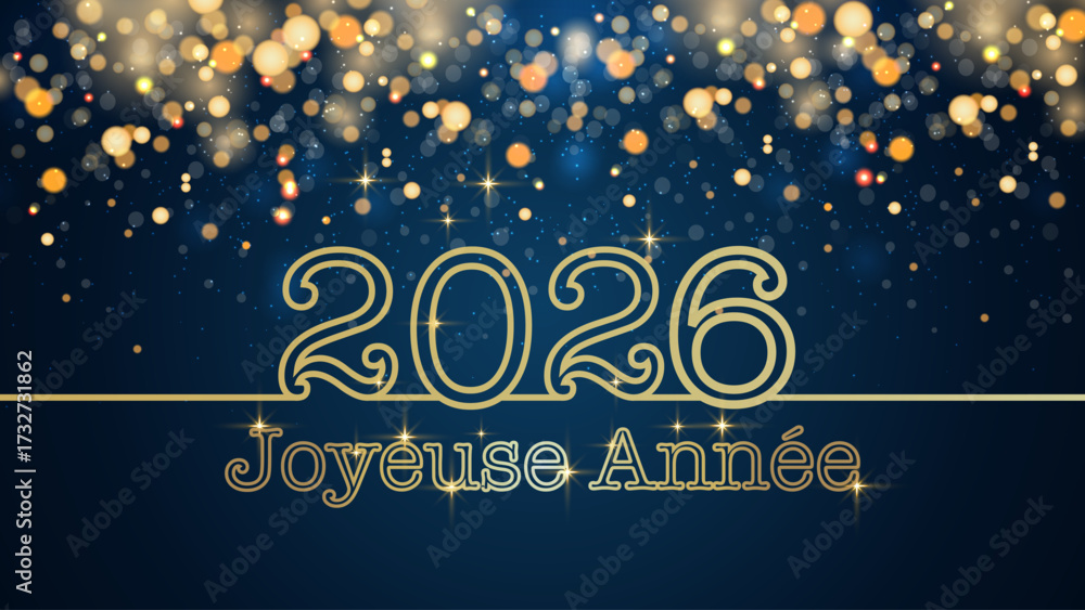 Carte ou bandeau pour souhaiter une Joyeuse Année 2026 en or sur fond bleu en dégradé avec des cercles et des paillettes dorées en effet bokeh
