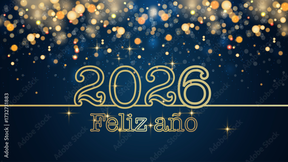 Tarjeta o pancarta para desear un Feliz Año Nuevo 2026 en dorado sobre fondo azul degradado con círculos y brillo dorado en efecto bokeh