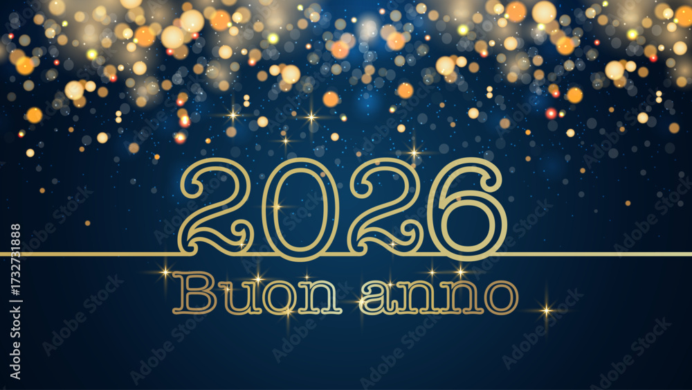 Biglietto o striscione per augurare un felice anno nuovo 2026 in oro su sfondo sfumato blu con cerchi e glitter dorati in effetto bokeh