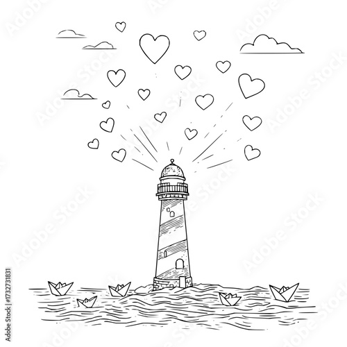 Lighthouse emitting hearts into the sky above paper boats floating on water with clouds overhead in sketch