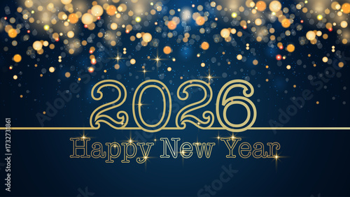 Card or banner to wish a Happy New Year 2026 in gold on a blue gradient background with circles and gold glitter in bokeh effect