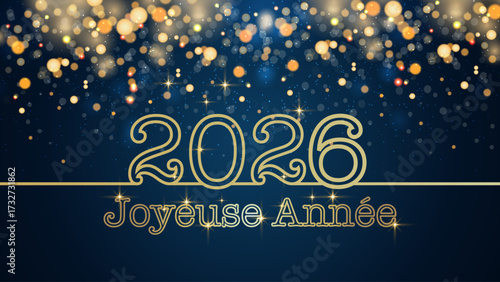 Carte ou bandeau pour souhaiter une Joyeuse Année 2026 en or sur fond bleu en dégradé avec des cercles et des paillettes dorées en effet bokeh
