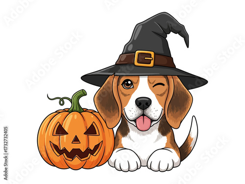 Happy Halloween dog with Pumpkin and witch's hat: a cute and whimsical cartoon illustration capturing the spirit of Halloween. Adorable puppy dressed up for the festive celebration.