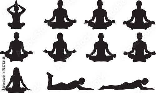 Yoga pose, Meditating person, Sitting person, Lying down silhouette vector on white background