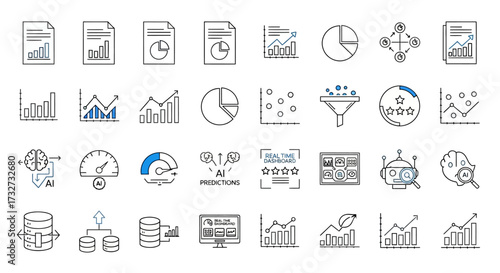 A collection of line art icons representing data analysis, charts, graphs, AI, and business metrics.