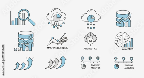 Collection of data analytics and machine learning icons, representing various concepts and processes.