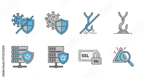 Collection of security and protection icons, including shields, servers, and SSL lock symbols.