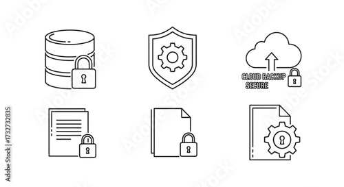 Database, shield, cloud backup, and file security icons in outline style.