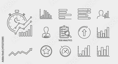 A collection of line art icons representing business analytics, data visualization, and performance tracking.