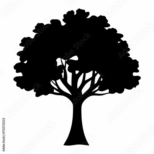 Silhouette of a large tree with many branches against white background