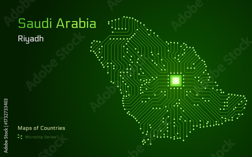Saudi Arabia Vector Map in Microchip Pattern with Riyadh as Central Chip
