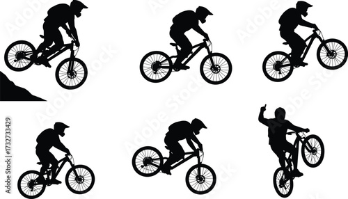 Silhouettes of downhill mountain bikers in dynamic action poses, including jumping, riding, and performing stunts, for extreme sports themes