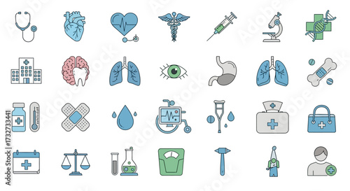Collection of medical icons, including heart, lungs, brain, and hospital.