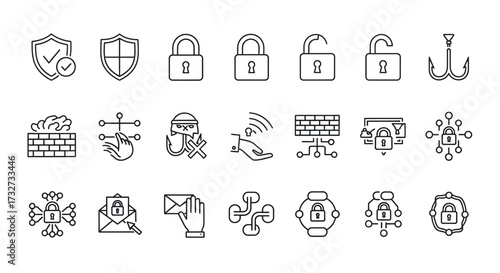 Collection of various security and protection icons, including shields, locks, and network symbols.