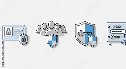 Security icons: ID card, group, key, safe with password.