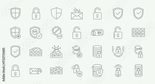 A comprehensive set of thin line icons representing cybersecurity, data protection, and internet safety concepts.