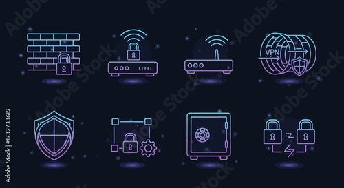 Neon line art icons representing various cybersecurity and data protection concepts, including firewalls, secured Wi-Fi, VPN, data encryption, and secure storage.