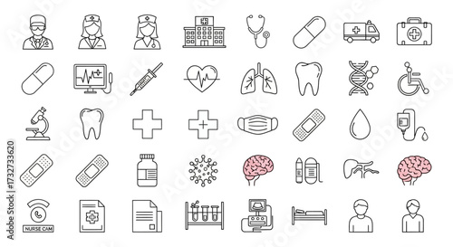Collection of medical and healthcare-related icons, representing various aspects of medicine.