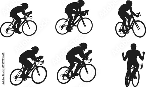 Dynamic silhouettes of cyclists riding road bikes in various poses, including racing and training, for sports and active lifestyle themes