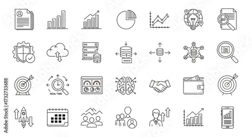 A collection of business and technology-related icons, including charts, graphs, cloud computing, data security, and teamwork.