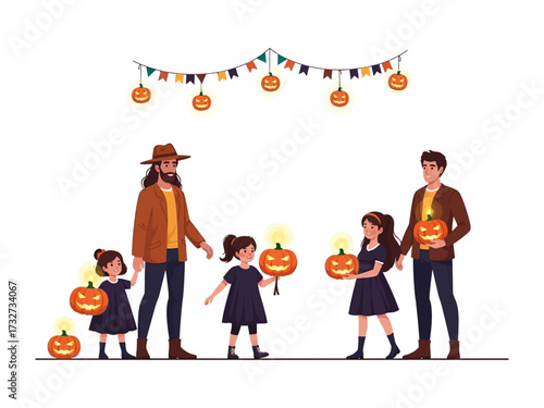 Joyful Halloween Gathering: A group of individuals, adorned with jack-o'-lanterns and festive decorations, revel in the spirit of Halloween, evoking feelings of spooky fun.