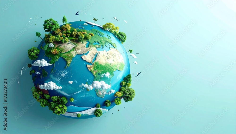 Fototapeta premium Stylized Earth with forests, mountains, clouds, and birds—focusing on Europe, Africa, and Asia, symbolizing ecological diversity and environmental beauty.