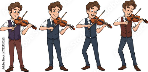 Cartoon illustration of young violinist man playing violin, classical musician character performing music, orchestra performer, vector art, isolated background