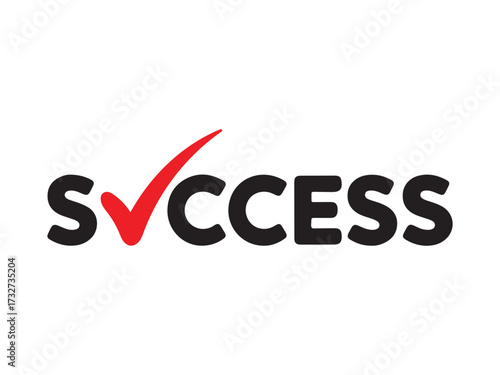Success text with a red check mark isolated on white background