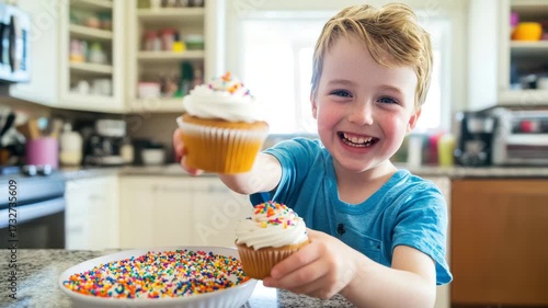 Hands of a child adding toppings to cupcakes in a happy kitchen moment. Sweet, homemade and authentic for lifestyle visuals.