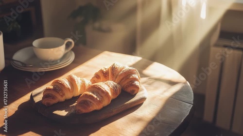 Golden croissants with glistening tops on rustic wood, captured in soft natural light. Perfect for artisan food and home baking concepts.