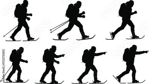 Silhouettes of winter hikers and trekkers on snowshoes, with backpacks and poles, for outdoor adventure and cold weather activities
