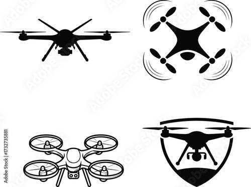 Four drone icon styles quadcopter aerial vehicle technology flying machine symbol collection
