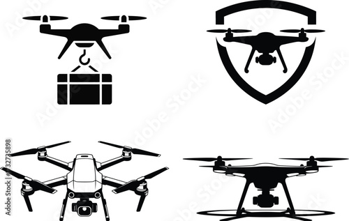 Modern drone icons set for delivery security aerial surveillance and technology concepts