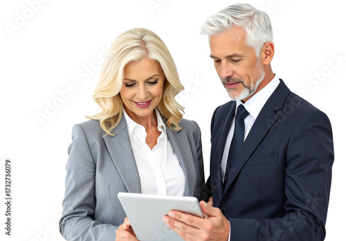Middle-Aged Businessman and Businesswoman Standing Together Reviewing Data on Tablet, Professional Teamwork Concept, Isolated on Transparent Background