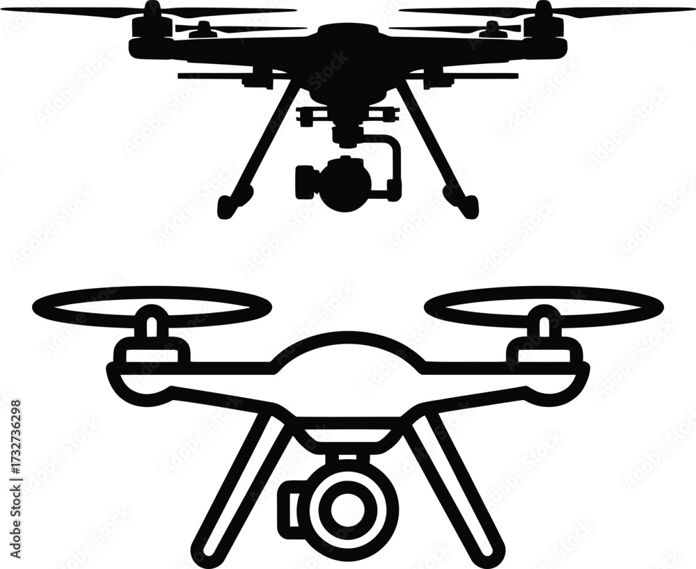 Fototapeta premium Modern aerial drone silhouettes two styles quadcopter photography aerial vehicle