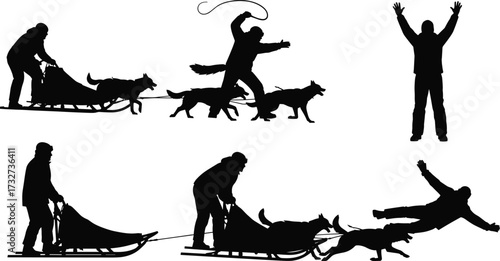 Dynamic silhouettes of mushers and their sled dogs, showing the action of dog sledding and racing for winter sports concepts