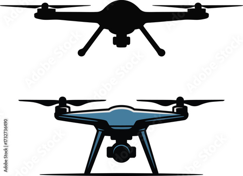 Two modern drone designs overhead silhouette and detailed view for aerial photography and surveillance
