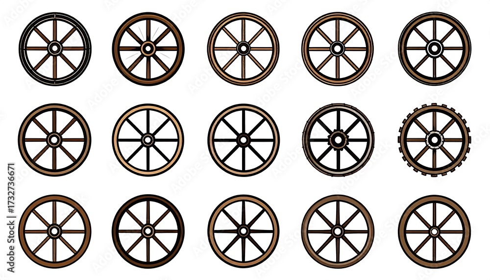 Fototapeta premium A collection of fifteen isolated wooden wheels of varying spoke designs. Each wheel is brown with a black outline