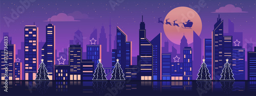 Futuristic vaporwave Christmas background with city skyline