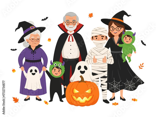 Family Halloween Gathering: A family in full Halloween costume poses, illuminated by a grinning Jack-o'-lantern, creating a whimsical scene of festive joy and playful frights. 