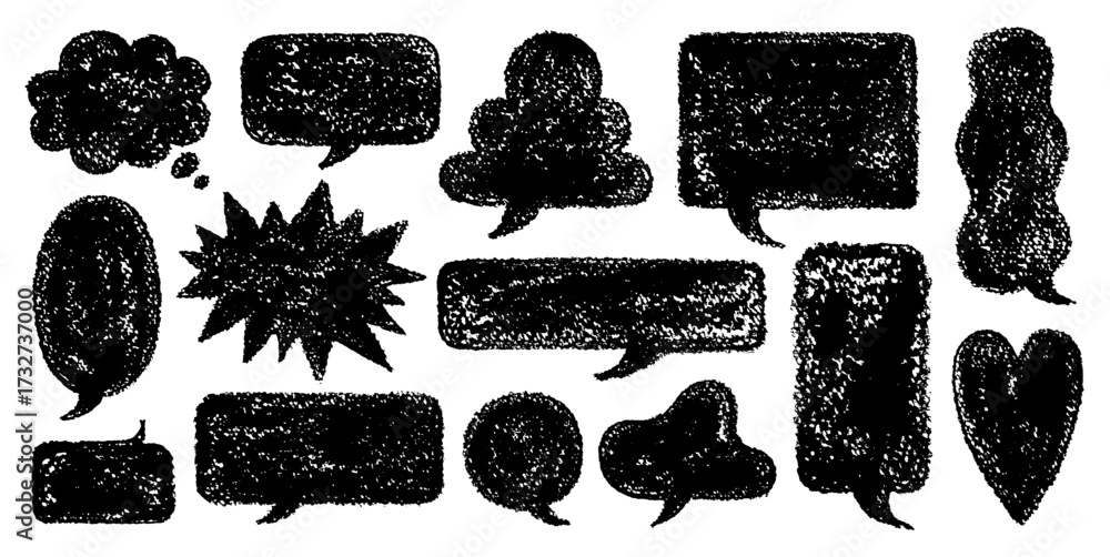 Naklejka premium Speech bubble. Crayon text frame set. Grunge doodle chalk texture hand drawn speech bubble. Crayon sketch illustration. Comic text frame box. Talk speech shape. Pencil marker pastel black balloon bg