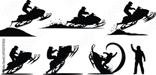 Silhouettes of snowmobile riders in various action poses, including jumping, racing, and splashing snow, for winter sports and recreation themes