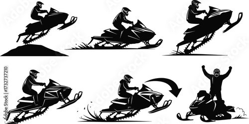 Silhouettes of snowmobile riders in various action poses, including jumping, racing, and splashing snow, for winter sports and recreation themes