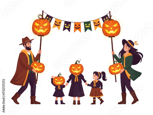 Festive Halloween Family: A delightful family, joyfully attired in Halloween costumes, merrily holds illuminated jack-o'-lanterns amidst festive decorations for a spirited Halloween celebration.