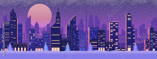 Futuristic vaporwave Christmas background with city skyline