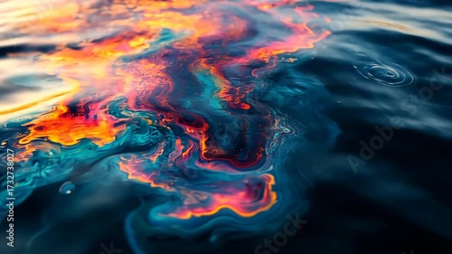 Close-up of an oil spill creating colorful patterns on the water surface.